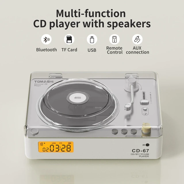 Alt view image 7 of 7 - CD Player Portable with HiFi Speakers, Bluetooth Transmitter & Receiver, Retro Rechargeable Desktop Music Player for Home with Remote, USB/TF/AUX, Festival Gift White