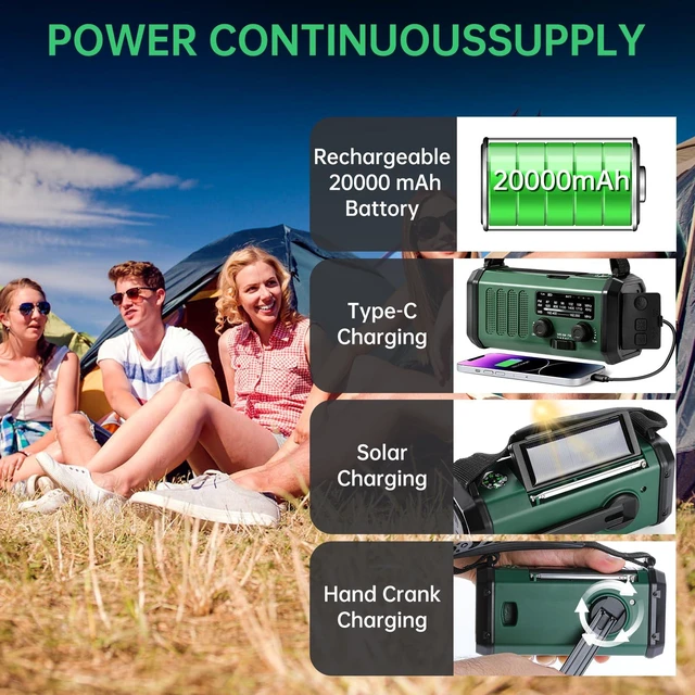 Alt view image 4 of 6 - Emergency Radio Hand Crank Solar, AM/FM/NOAA Weather Radio Built-in 20000mah Battery Powered,Type-C Charger,Flashlight, Reading Light,SOS, Compact & Portable for Camping/Emergencies Green