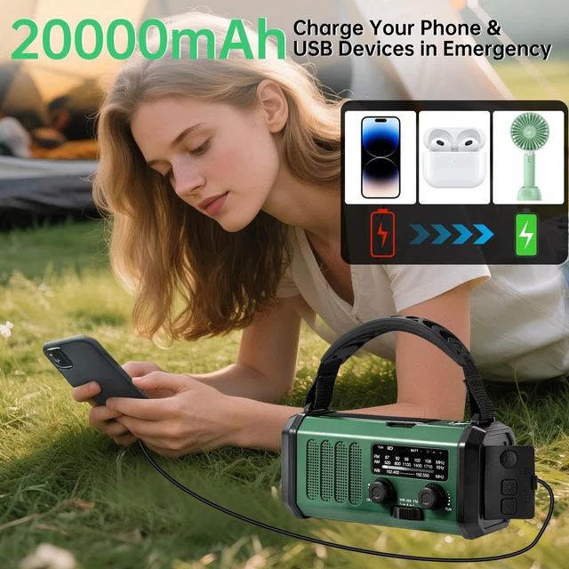 Alt view image 3 of 6 - Emergency Radio Hand Crank Solar, AM/FM/NOAA Weather Radio Built-in 20000mah Battery Powered,Type-C Charger,Flashlight, Reading Light,SOS, Compact & Portable for Camping/Emergencies Green