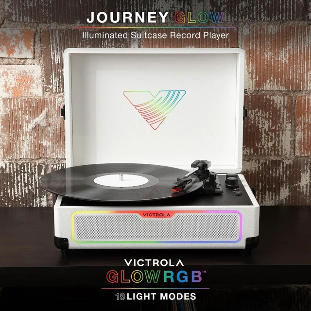 Alt view image 2 of 7 - Journey Glow - Lightshow Bluetooth Suitcase Record Player - Black Suitcase turntable, 18 RGB light modes, built-in stereo speakers, two-way Bluetooth (VINYLSTREAM out), RCA and headphone jack