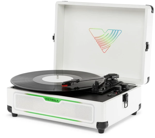 Main image of Journey Glow - Lightshow Bluetooth Suitcase Record Player - White Suitcase turntable, 18 RGB light modes, built-in stereo speakers, two-way Bluetooth (VINYLSTREAM out), RCA and headphone jack