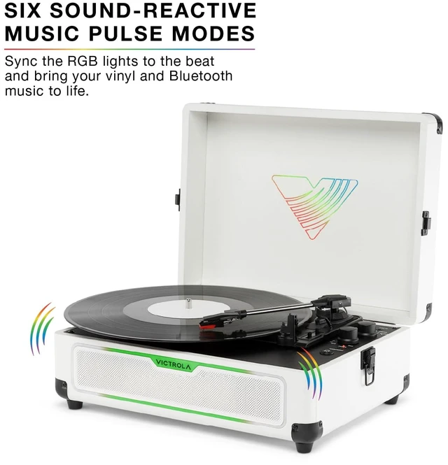 Alt view image 3 of 7 - Journey Glow - Lightshow Bluetooth Suitcase Record Player - Black Suitcase turntable, 18 RGB light modes, built-in stereo speakers, two-way Bluetooth (VINYLSTREAM out), RCA and headphone jack