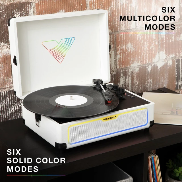 Alt view image 4 of 7 - Journey Glow - Lightshow Bluetooth Suitcase Record Player - Black Suitcase turntable, 18 RGB light modes, built-in stereo speakers, two-way Bluetooth (VINYLSTREAM out), RCA and headphone jack