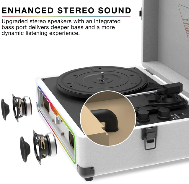 Alt view image 5 of 7 - Journey Glow - Lightshow Bluetooth Suitcase Record Player - Black Suitcase turntable, 18 RGB light modes, built-in stereo speakers, two-way Bluetooth (VINYLSTREAM out), RCA and headphone jack