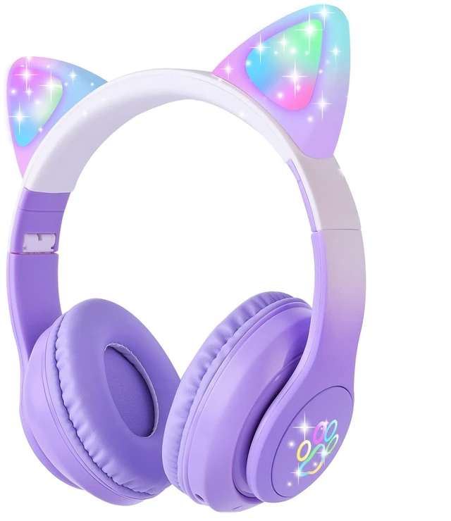Main image of Kids Bluetooth Headphones with LED Cat Ears, Wireless/Wired Mode Headphones for Kids, Foldable Stereo Over Ear Headphones with Built-in Mic for School Birthday Xmas Gift (Purple)