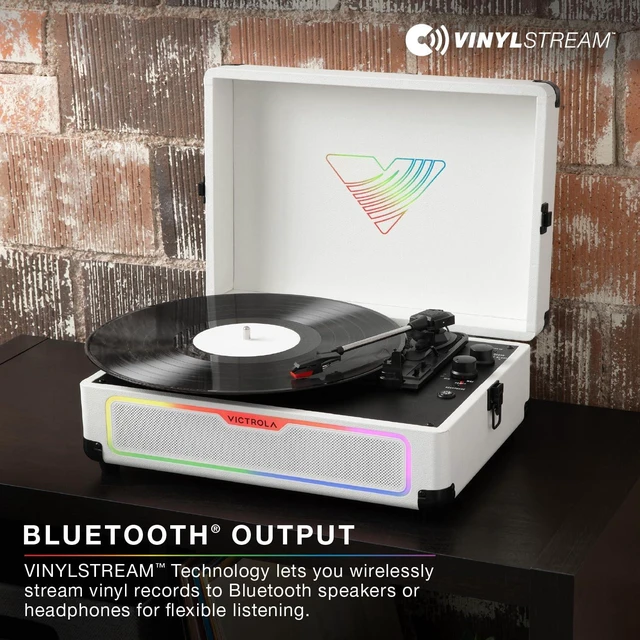 Alt view image 6 of 7 - Journey Glow - Lightshow Bluetooth Suitcase Record Player - Black Suitcase turntable, 18 RGB light modes, built-in stereo speakers, two-way Bluetooth (VINYLSTREAM out), RCA and headphone jack