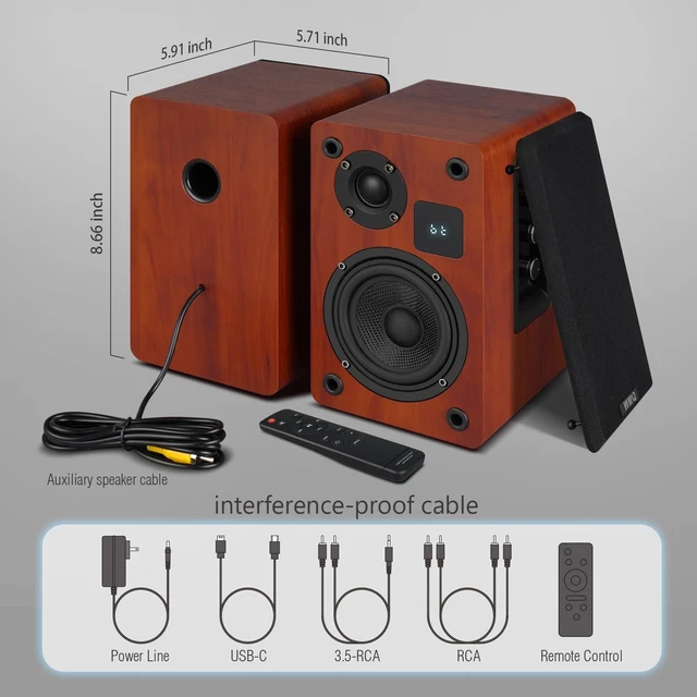 Alt view image 7 of 7 - 60W Powered Bookshelf Speakers, 4" Carbon Fiber Woofer & 1" Tweeter, USB-C/RCA/AUX Input, Small Display Screen, 4 Ohm Impedance, for Turntable, TV, PC, Desktop, Smartphone (Brown)