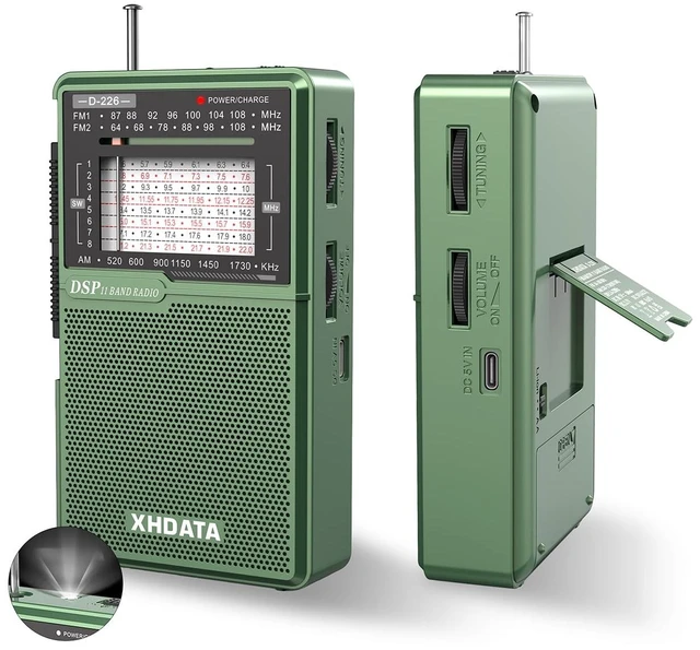 Main image of D226 Radios Portable AM FM Shortwave, USB C & Battery Powered, Green Easy-Read Large Dial Reliable Reception, Built-In Flashlight Rear Stand & 3.5mm Headphone Jack for Home or Outdoor Use