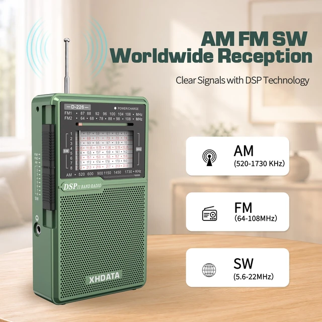 Alt view image 2 of 7 - D226 Radios Portable AM FM Shortwave, USB C & Battery Powered, Green Easy-Read Large Dial Reliable Reception, Built-In Flashlight Rear Stand & 3.5mm Headphone Jack for Home or Outdoor Use