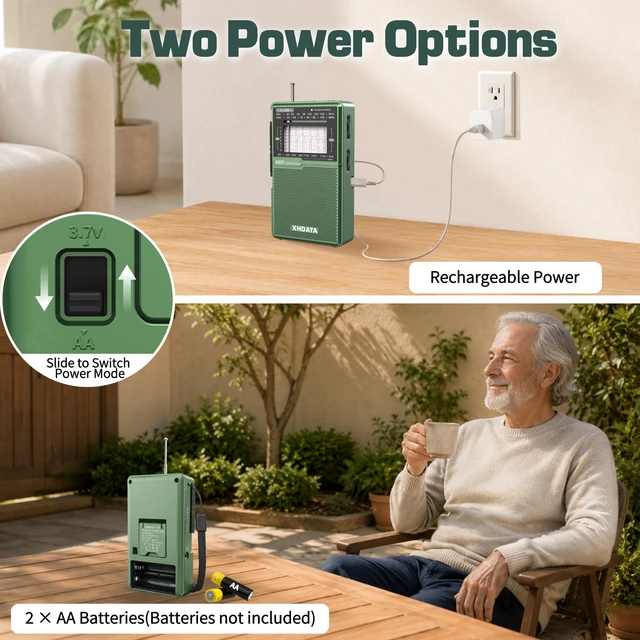Alt view image 3 of 7 - D226 Radios Portable AM FM Shortwave, USB C & Battery Powered, Green Easy-Read Large Dial Reliable Reception, Built-In Flashlight Rear Stand & 3.5mm Headphone Jack for Home or Outdoor Use