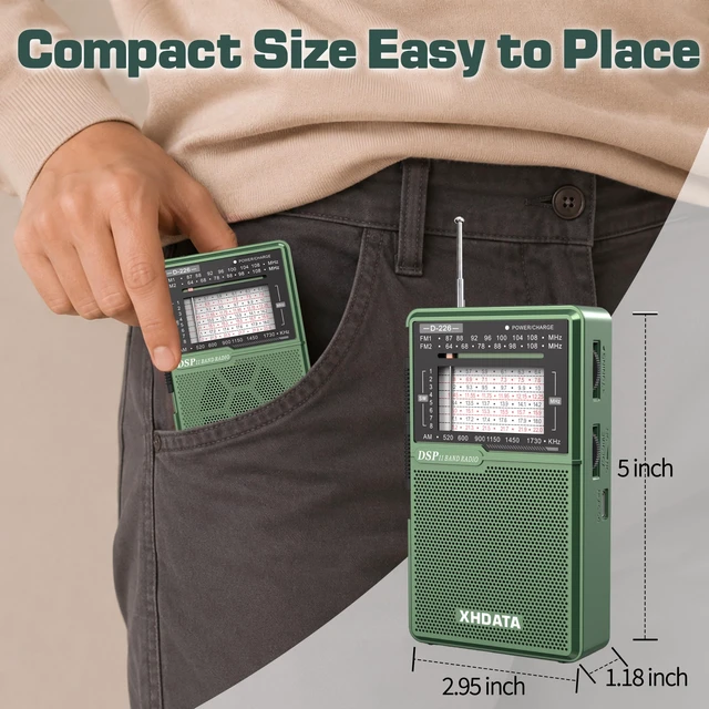 Alt view image 5 of 7 - D226 Radios Portable AM FM Shortwave, USB C & Battery Powered, Green Easy-Read Large Dial Reliable Reception, Built-In Flashlight Rear Stand & 3.5mm Headphone Jack for Home or Outdoor Use
