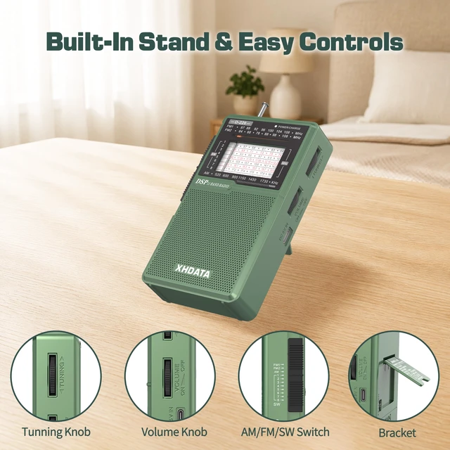 Alt view image 7 of 7 - D226 Radios Portable AM FM Shortwave, USB C & Battery Powered, Green Easy-Read Large Dial Reliable Reception, Built-In Flashlight Rear Stand & 3.5mm Headphone Jack for Home or Outdoor Use