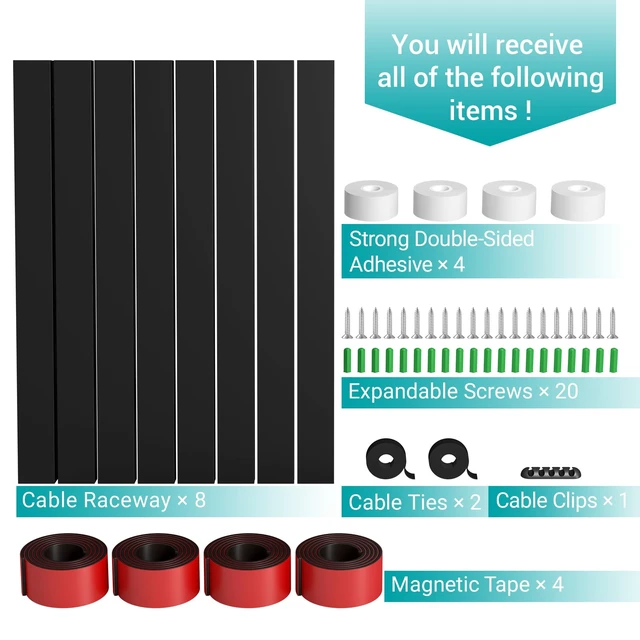 Alt view image 7 of 7 - Cable Raceway - Magnetic Cable Management Under Desk with Upgraded Aesthetic Large Hole, Cord Organizer Kit for Hiding Computer, Gaming Desk, Network, Power Cord, TV - 8PCS 8x15.7in Black