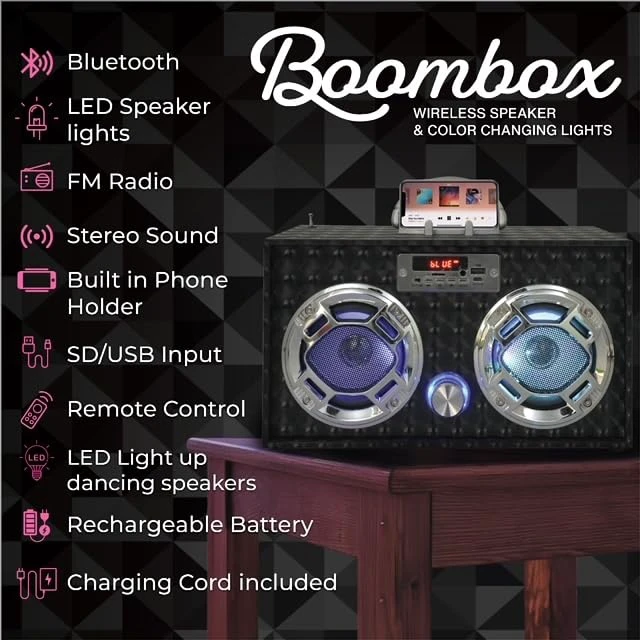 Alt view image 2 of 7 - Retro Boombox Bluetooth Speaker, Music Player w/FM Radio & LED Lights Retro Speaker with LED Lights, Rechargeable Portable Bluetooth Speaker with USB & SD, AUX & Remote Control