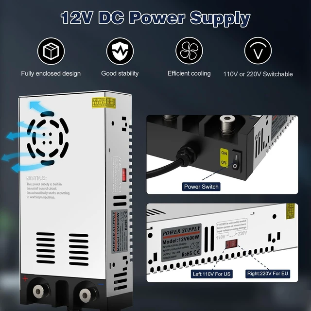 Alt view image 3 of 7 - AC to DC Converter 12V SMPS,110V to 12V DC Converter,12 Volt Power Supply Max 600W 50A DC Power Converter, US040A