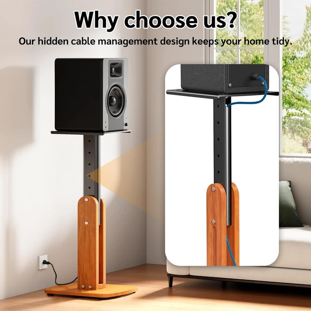 Alt view image 3 of 7 - Solid Wood Speaker Stands Pair for Studio Monitor and Bookshelf Speakers Height Adjustable Floor Speaker Stands for Klipsch, ELAC, JBL, KEF, Edifier Surround Sound Hold Up to 50 Lbs (Walnut)