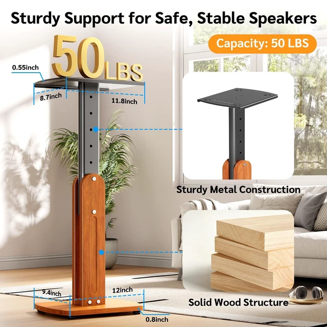 Alt view image 4 of 7 - Solid Wood Speaker Stands Pair for Studio Monitor and Bookshelf Speakers Height Adjustable Floor Speaker Stands for Klipsch, ELAC, JBL, KEF, Edifier Surround Sound Hold Up to 50 Lbs (Walnut)