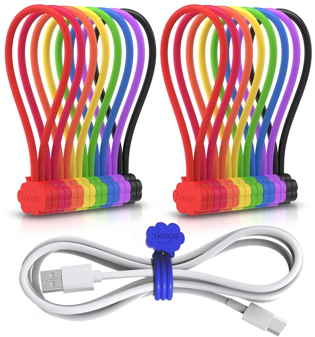 Main image of Magnetic Cable Ties 16 Pack, Cute Cloud 7.2" Silicone 8 Colors Strong Magnet Hold / Embedded Safe Magnet / Easy Slide Open / Soft Flex Silicone / Multi Use / Smiling Cloud / Fridge Magnet