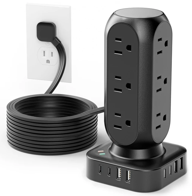 Main image of Power Strip Tower, 4.8A Fast Charging Tower, 10 FT Extension Cord 12 AC Outlets & 8 USB Ports (4USB-C), Flat Plug Charging Station for Home, Office, Dorm Room