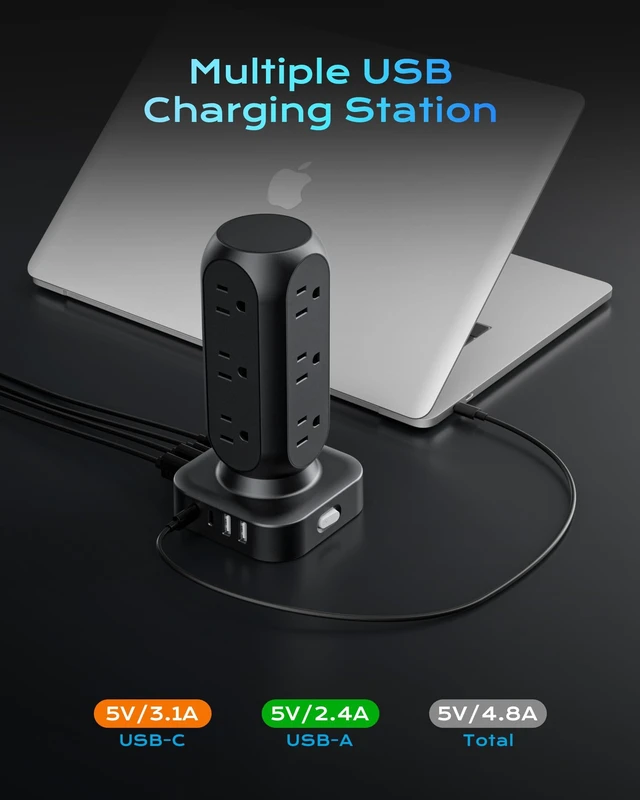 Alt view image 3 of 6 - Power Strip Tower, 4.8A Fast Charging Tower, 10 FT Extension Cord 12 AC Outlets & 8 USB Ports (4USB-C), Flat Plug Charging Station for Home, Office, Dorm Room