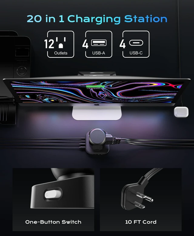 Alt view image 2 of 6 - Power Strip Tower, 4.8A Fast Charging Tower, 10 FT Extension Cord 12 AC Outlets & 8 USB Ports (4USB-C), Flat Plug Charging Station for Home, Office, Dorm Room