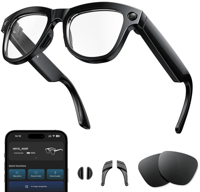 Main image of AI Smart Glasses with Camera, 4K Video Record, Real-Time Translation 8MP HD Bluetooth Glasses, AI Voice Assistant, Object Recognition, Open-Ear Speakers, Transparent Lenses, Travel, Work, Vlog