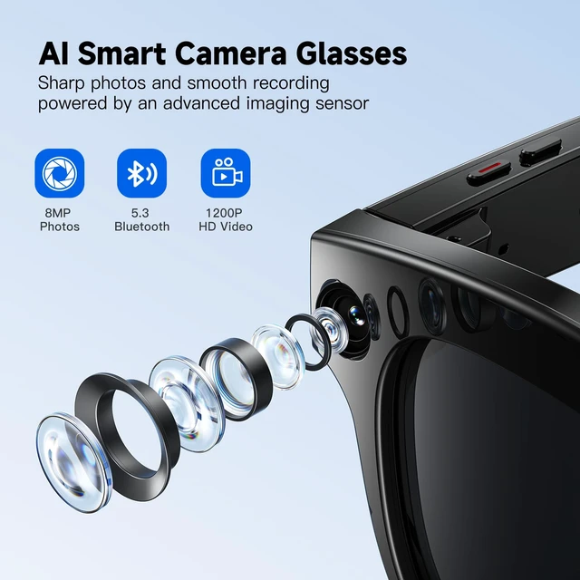 Alt view image 2 of 7 - AI Smart Glasses with Camera, 4K Video Record, Real-Time Translation 8MP HD Bluetooth Glasses, AI Voice Assistant, Object Recognition, Open-Ear Speakers, Transparent Lenses, Travel, Work, Vlog