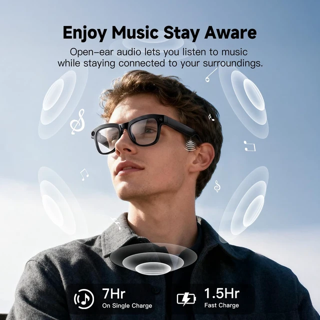 Alt view image 6 of 7 - AI Smart Glasses with Camera, 4K Video Record, Real-Time Translation 8MP HD Bluetooth Glasses, AI Voice Assistant, Object Recognition, Open-Ear Speakers, Transparent Lenses, Travel, Work, Vlog