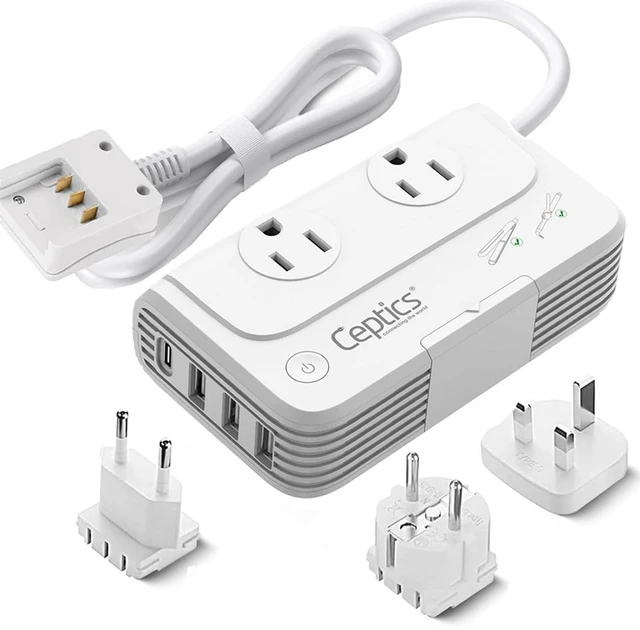 Main image of Voltage Converter US to Europe, 200W, SWadAPt Plugs, 4 USB, QC 3.0 PD 18W fast charging. with SWadAPt Type C, E/F & G, 2 AC outlets for curling irons, straighteners, chargers & Europe travel