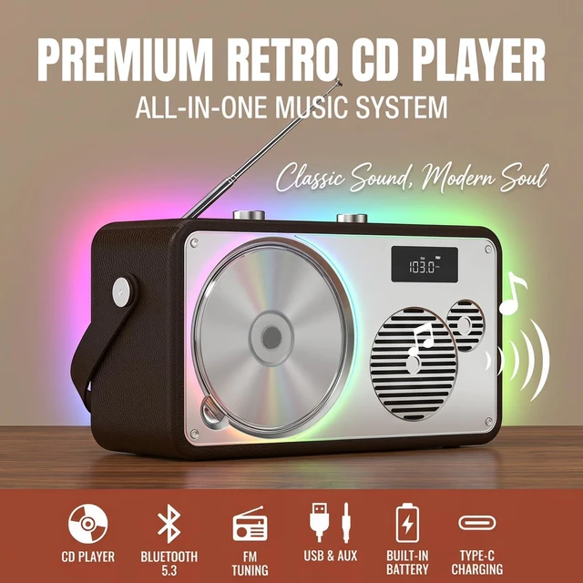 Alt view image 2 of 7 - Retro Leather Premium Portable CD Player System with Bluetooth FM Radio USB,AUX,LP-103 Stereo System for Home/Outside, Rechargeable Battery, DSP-Tech, Remote Control
