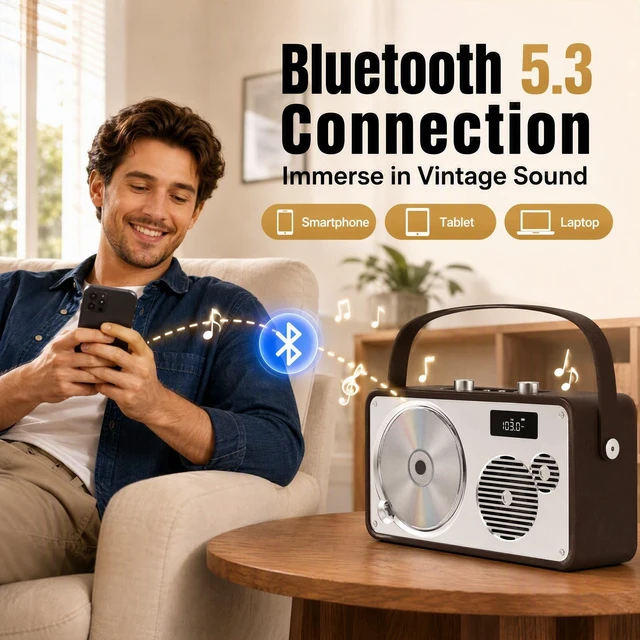Alt view image 3 of 7 - Retro Leather Premium Portable CD Player System with Bluetooth FM Radio USB,AUX,LP-103 Stereo System for Home/Outside, Rechargeable Battery, DSP-Tech, Remote Control