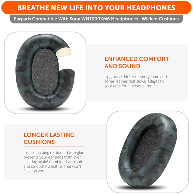 Alt view image 4 of 7 - PadZ XM6 - Premium Replacement Earpads for Sony WH-1000XM6 Made by Wicked Cushions Enhanced Comfort, Durable PU Leather & Sound Isolation Black Camo