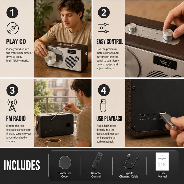 Alt view image 4 of 7 - Retro Leather Premium Portable CD Player System with Bluetooth FM Radio USB,AUX,LP-103 Stereo System for Home/Outside, Rechargeable Battery, DSP-Tech, Remote Control