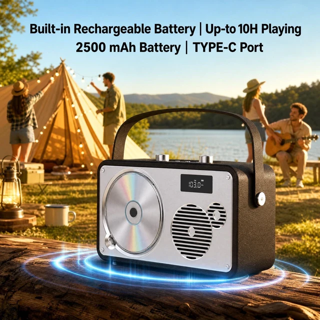 Alt view image 5 of 7 - Retro Leather Premium Portable CD Player System with Bluetooth FM Radio USB,AUX,LP-103 Stereo System for Home/Outside, Rechargeable Battery, DSP-Tech, Remote Control