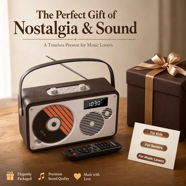 Alt view image 7 of 7 - Retro Leather Premium Portable CD Player System with Bluetooth FM Radio USB,AUX,LP-103 Stereo System for Home/Outside, Rechargeable Battery, DSP-Tech, Remote Control