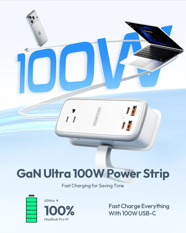 Alt view image 2 of 7 - 100W GAN Ultra Travel Power Strip, 7-in-1 USB C Charging Station with 3 Outlets 4 USB (2 Fast Charge)& 5ft Extension Cord, Compact Desktop Charger for MacBook, iPhone, Cruise, Office, White