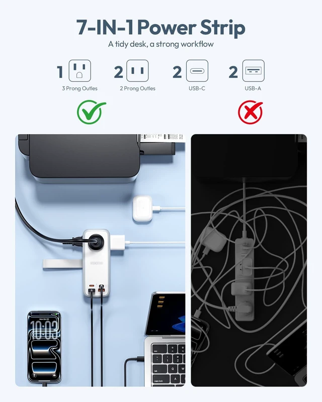 Alt view image 3 of 7 - 100W GAN Ultra Travel Power Strip, 7-in-1 USB C Charging Station with 3 Outlets 4 USB (2 Fast Charge)& 5ft Extension Cord, Compact Desktop Charger for MacBook, iPhone, Cruise, Office, White