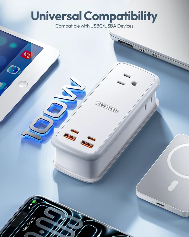 Alt view image 4 of 7 - 100W GAN Ultra Travel Power Strip, 7-in-1 USB C Charging Station with 3 Outlets 4 USB (2 Fast Charge)& 5ft Extension Cord, Compact Desktop Charger for MacBook, iPhone, Cruise, Office, White