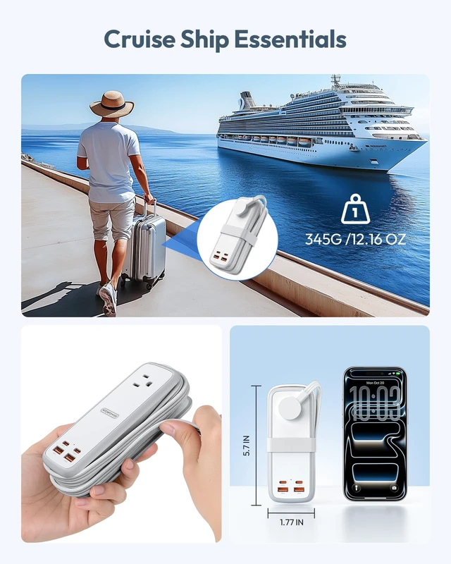 Alt view image 5 of 7 - 100W GAN Ultra Travel Power Strip, 7-in-1 USB C Charging Station with 3 Outlets 4 USB (2 Fast Charge)& 5ft Extension Cord, Compact Desktop Charger for MacBook, iPhone, Cruise, Office, White