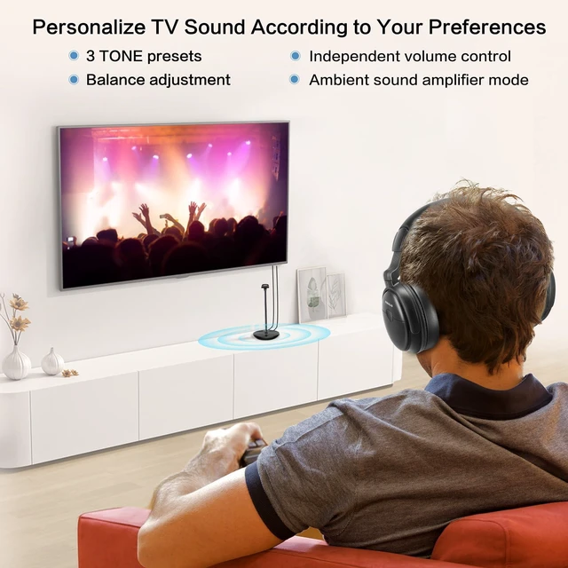 Alt view image 3 of 7 - Wireless TV Headphones for Seniors Hard of Hearing Bluetooth for PC Clear Voice & Loud Volume, OPT/AUX Passthrough to Soundbar, L/R Audio Balance, Ambient Mode, Battery & Earpads Replaceable
