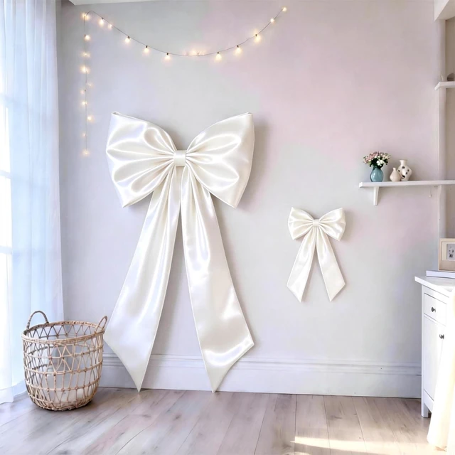 Alt view image 5 of 7 - White Bow Decor 2 Pack, Large and Small Size Bow Wall Decor Coquette White Bow Backdrop For Girls Room, Two Size Bow Decorations For Birthday Bridal Shower Wedding Christmas Party Decor
