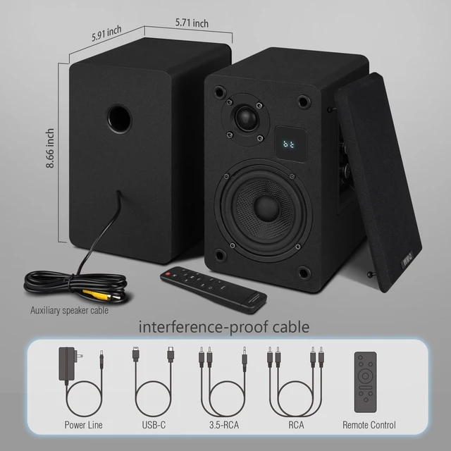 Alt view image 7 of 7 - 60W Powered Bookshelf Speakers, 4" Carbon Fiber Woofer & 1" Tweeter, USB-C/RCA/AUX Input, Small Display Screen, 4 Ohm Impedance, for Turntable, TV, PC, Desktop, Smartphone (Black)