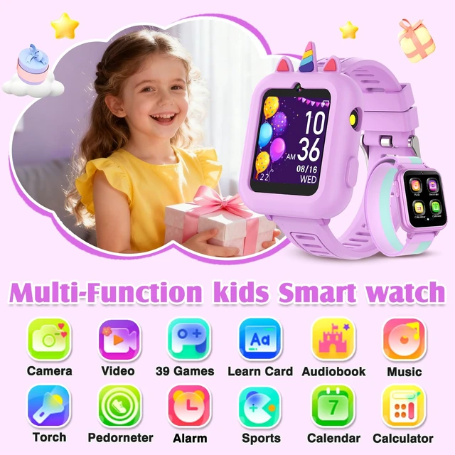 Alt view image 2 of 7 - Smart Watch for Kids with 39 Games,Camera,Video,Music Player,Recorder,Alarm,Pedometer,Flashlight,Stopwatch,HD Touch Screen,Birthday Gift Toy for Girls Ages 3-12(Purple)