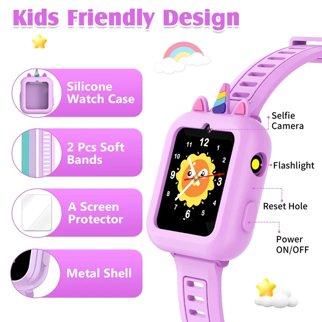 Alt view image 6 of 7 - Smart Watch for Kids with 39 Games,Camera,Video,Music Player,Recorder,Alarm,Pedometer,Flashlight,Stopwatch,HD Touch Screen,Birthday Gift Toy for Girls Ages 3-12(Purple)