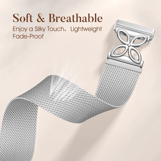 Alt view image 3 of 7 - Floral Shape Metal Band Compatible with Fitbit Versa 4 Bands for Women Men/Fitbit Sense 2 Bands, Stainless Steel Soft Mesh Loop Sports Strap for Fitbit Sense/Versa 3/Versa 4 Smartwatch, Silver
