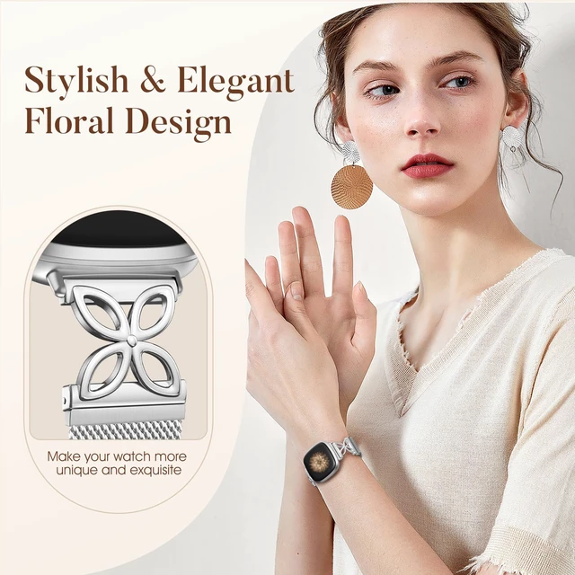 Alt view image 2 of 7 - Floral Shape Metal Band Compatible with Fitbit Versa 4 Bands for Women Men/Fitbit Sense 2 Bands, Stainless Steel Soft Mesh Loop Sports Strap for Fitbit Sense/Versa 3/Versa 4 Smartwatch, Silver
