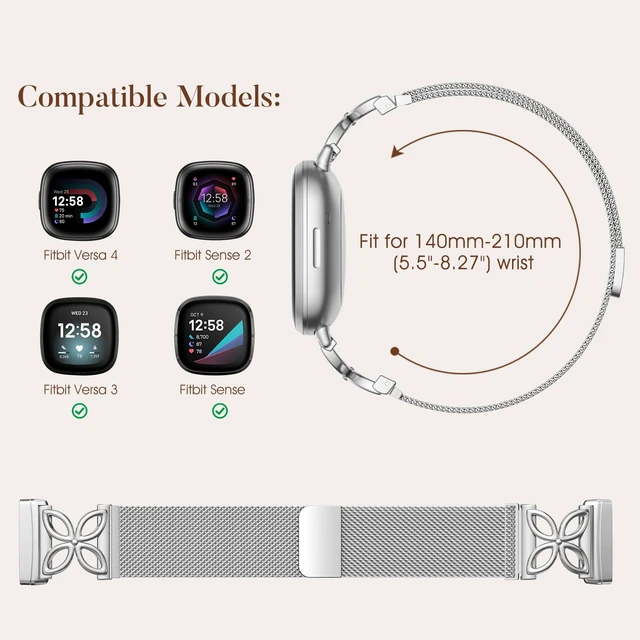 Alt view image 5 of 7 - Floral Shape Metal Band Compatible with Fitbit Versa 4 Bands for Women Men/Fitbit Sense 2 Bands, Stainless Steel Soft Mesh Loop Sports Strap for Fitbit Sense/Versa 3/Versa 4 Smartwatch, Silver