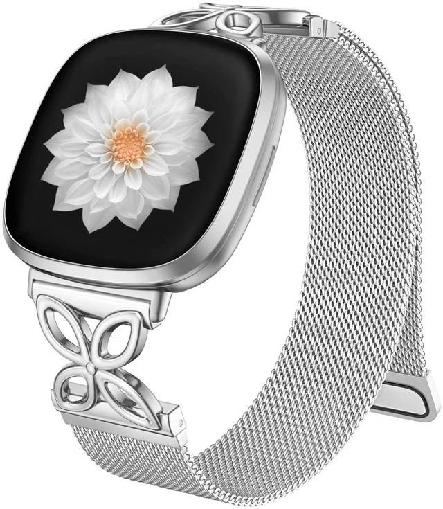 Main image of Floral Shape Metal Band Compatible with Fitbit Versa 4 Bands for Women Men/Fitbit Sense 2 Bands, Stainless Steel Soft Mesh Loop Sports Strap for Fitbit Sense/Versa 3/Versa 4 Smartwatch, Silver
