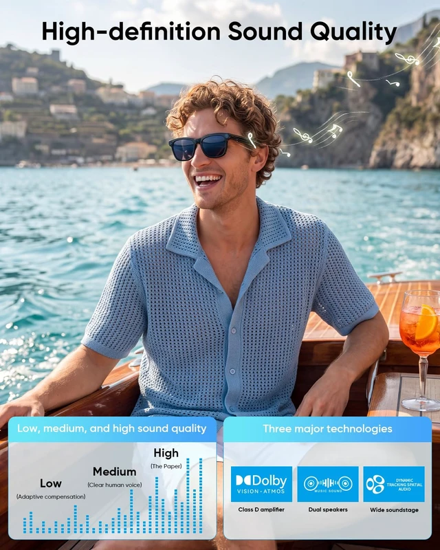 Alt view image 5 of 7 - AI Smart Glasses with Camera, 8MP Camera Glasses for Men Women Bluetooth Music, Video Recording, Object Recognition, Real Time Translation, Voice Assistant, Sound Guide Tube