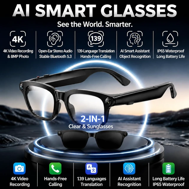 Alt view image 2 of 7 - Ai Smart Glasses with Camera and Bluetooth Audio,4K Video Recording AI glasses 4k video recording;translation;photo capture;bluetooth,audio music;AI assistant;object recognition;for men,women